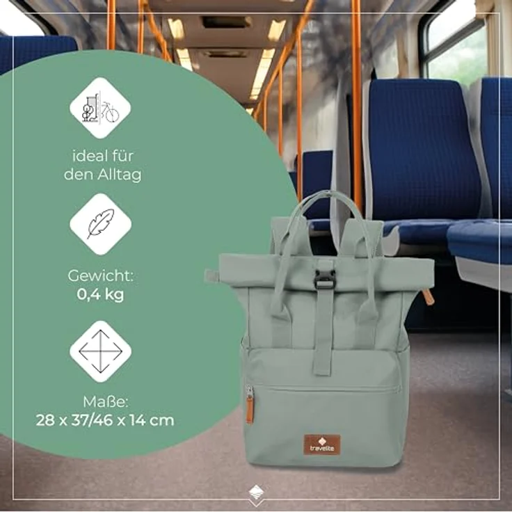 travelite Daypack Basics, Unisex Rucksack aus Polyester mit gepolsterter Rückenpartie, Laptopfach für 42 cm, Rolltop-Verschluss, schwarz – Bild 3