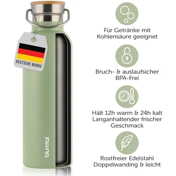 Blumtal Thermosflasche 1L - doppelwandige Edelstahl Trinkflasche - Isolierflasche 1L BPA frei - Summer Green – Bild 3