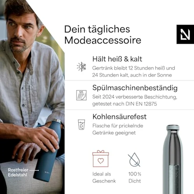LARS NYSØM Edelstahl Trinkflasche „Ren“ 750ml, auslaufsicher, kohlensäuregeeignet, doppelwandige Vakuumisolierung, Sky Blue – Bild 2