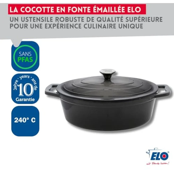 ELO 3373326 Schmortopf aus emailliertem Gusseisen mit Deckel, klassisch, grau, backofengeeignet, Kochtopf für alle Herdarten, Kochtopf Induktion, 33 cm, 5 l, 4-6 Personen - Preisvergleich – Bild 2
