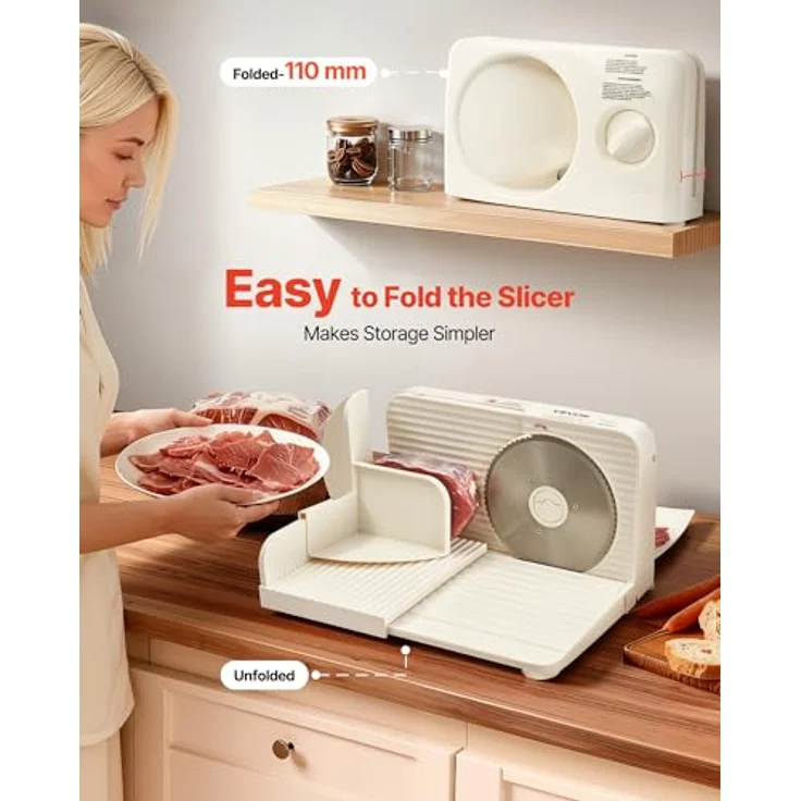 VEVOR Allesschneider SL-5803D23B3, elektrische Aufschnittmaschine mit 180 W, 17 cm Klinge, 0–15 mm einstellbare Dicke, beige, für gefrorenes Fleisch und Schinken – Bild 2