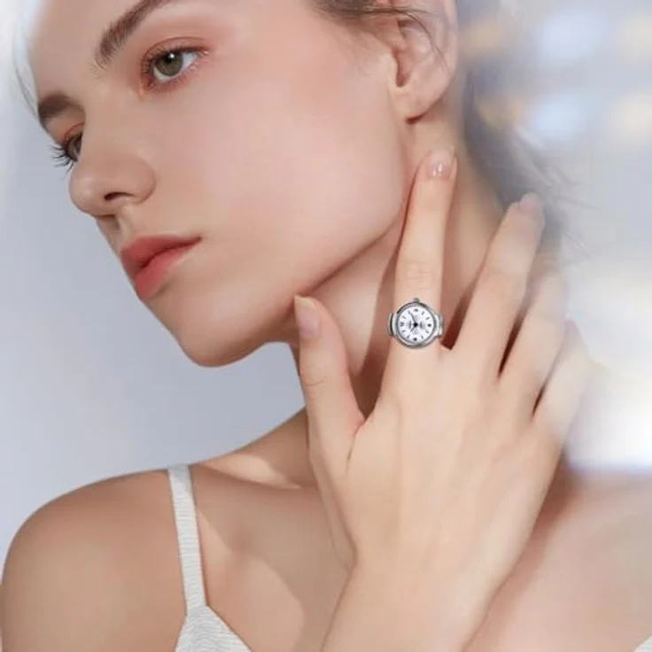 JewelryWe Ringuhr Damen, Elegante Fingeruhr mit Weißem Zifferblatt und Elastischem Legierungsband, 10m Wasserdicht, Analog Quarz Uhr – Bild 5