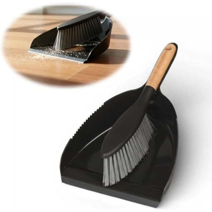 LS-LebenStil Kehrgarnitur 2-teilig, Kehrbesen mit langem Holzgriff und Kehrschaufel, Schwarz/Braun, ergonomisch, Click-System, 32x22 cm – Bild 1