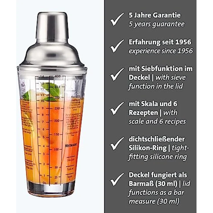 Westmark Cocktail Shaker Sam – Shaker mit Skala und Sieb, professioneller Cocktail-Mixer, Bar Zubehör, inkl. Rezepte zum Mixen von Margarita und mehr – Edelstahl, Glas, 400 ml – Bild 2