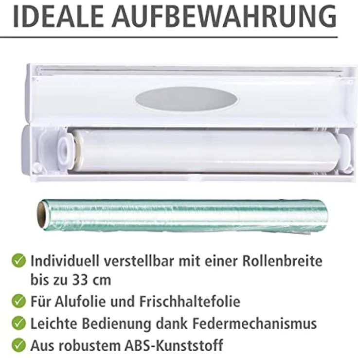 Wenko Folienschneider Perfect-Cutter, praktischer Abroller für Frischhaltefolie und Alufolie, Folienspender aus Kunststoff, 38 x 5,2 x 6,7 cm, weiß – Bild 3