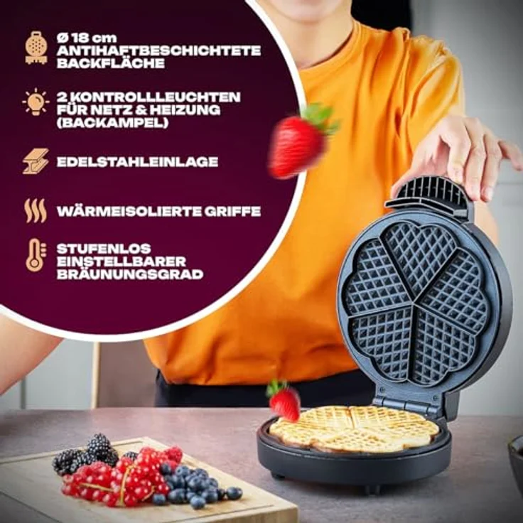 Clatronic WA 3492 Waffeleisen, 1000 Watt, Edelstahleinlage, Große Backflächen Ø 18 cm antihaftbeschichtet, Stufenlos regelbarer Bräunungsgrad – Bild 3