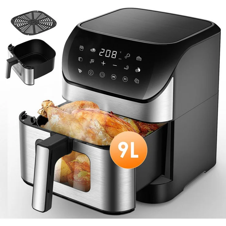 oyajia Heißluftfritteuse 10L, Edelstahl, 1800 W, 12 Automatikprogramme, Touch Bedienfeld, Sichtfenster, temperatur einstellbar 30-200 °C, Timer 60 Min., silber-schwarz