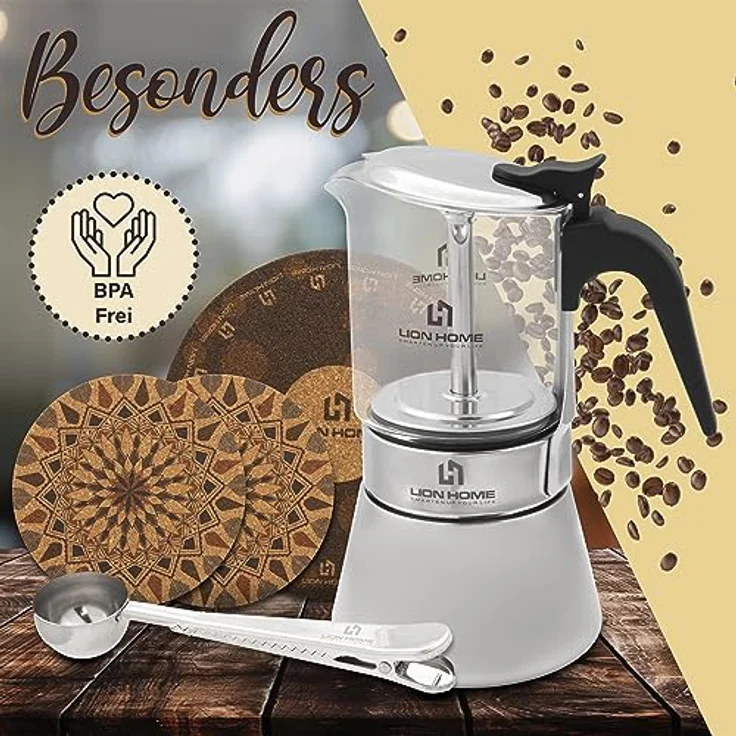 Lion Home Espressokocher, Edelstahl-Glas Design mit Kork-Untersetzern, für 6 Tassen, leicht zu reinigen – Bild 2