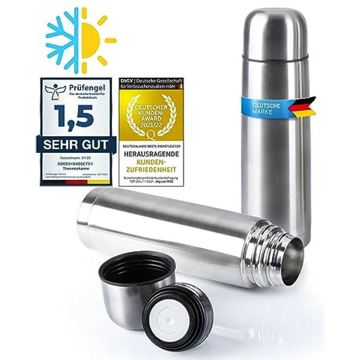 GOODS+GADGETS Edelstahl Thermosflasche mit Becher; Doppelwandige Isolierkanne; Auslaufsicher, Spülmaschinenfest & BPA-frei; hält Getränke heiß & kalt (Silber, 500 ml)