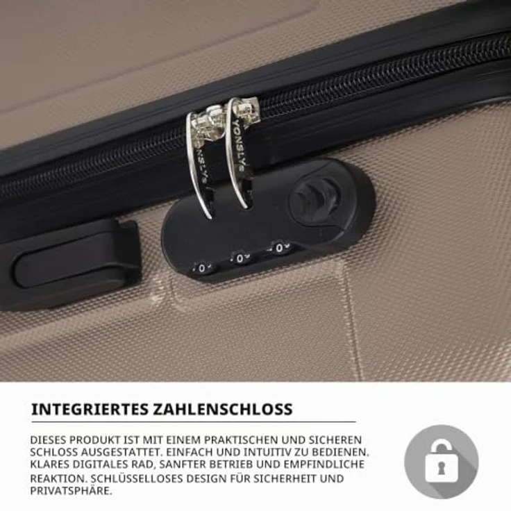 YONSLY Trolley Koffer Suitcase, Hartschalenreisekoffer mit 4 Rollen 360°, Zahlenschloss, weichem Gummigriff, M, Champagner – Bild 3