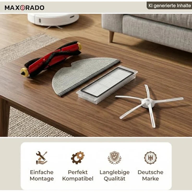 Maxorado Zubehör Set für Roborock S4 S5 MAX S6 Pure E2 E3 E4 E5 Q5 Xiaomi C1, Wartungs-Kit mit 2 Hauptbürsten, 2 Hepa-Filtern, 3 Seitenbürsten und 2 Wischtüchern – Bild 3