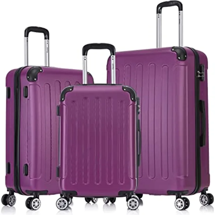 Flexot® F-2045 Koffer, Leichtgewicht mit 3tlg Kofferset und Zwillingsrollen, Aubergine