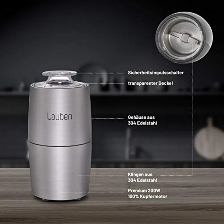 Lauben Grinder 200ST Kaffeemühle Elektrisch, 200 W, Gewürzmühle, Schlagmesser, Fassungsvermögen 50 g, Vollkupfermotor, Mahlbehälter und Messer aus Edelstahl – Bild 5