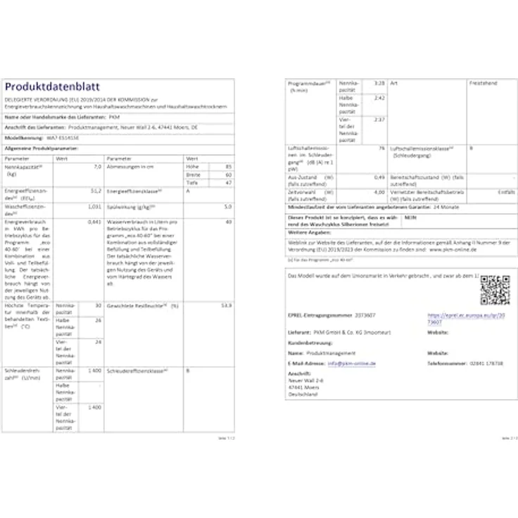 PKM WA7-ES1415E Waschmaschine, 7 kg, Energieeffizienzklasse A, Weiß, 15 Programme mit Dampffunktion – Bild 8