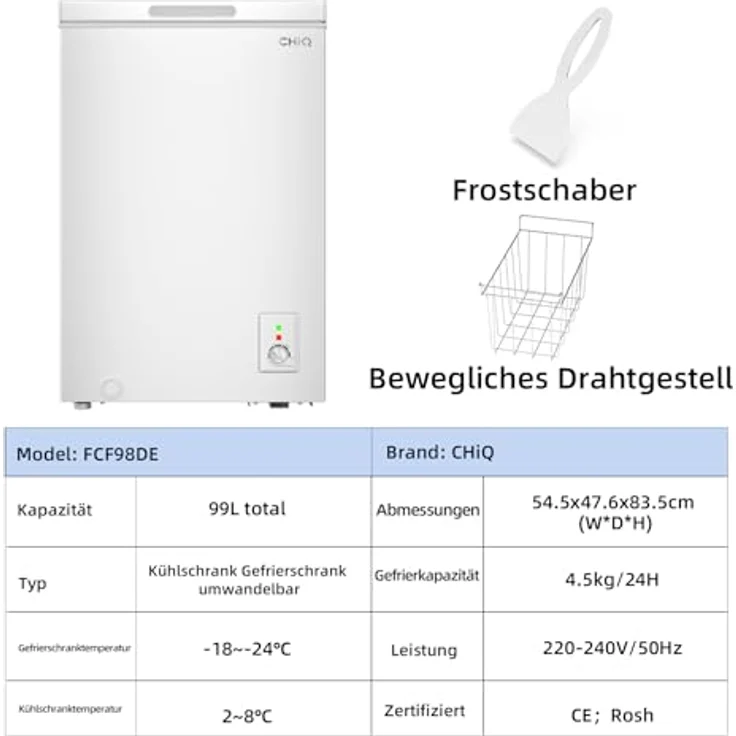 CHiQ Gefriertruhe 99 L, 4-Sterne-Gefrieren, Schnelleinfrierfunktion, freistehend, leises 39 dB, Weiß, 2025 – Bild 2