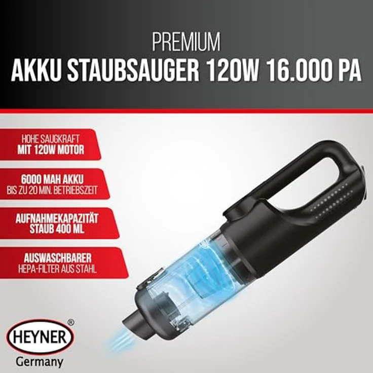 HEYNER VacuBooster Pro, Handstaubsauger mit 120W und 16.000 Pa, bürstenlos, beutellos, inkl. HEPA-Filter, in Schwarz – Bild 2