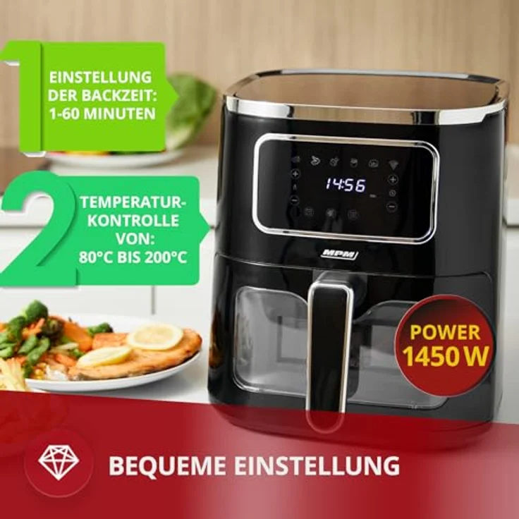 MPM MFR-09 Heißluftfritteuse 5L, 1450 W, 6 Automatikprogramme, fettfreies Kochen, Timer, Temperaturregler, Antihaftbeschichtung – Bild 3