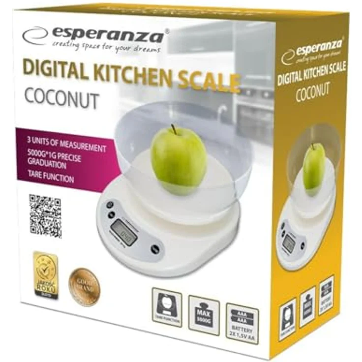 Esperanza COCONUT Küchenwaage, elektronisch, 5 kg Tragkraft, 1g Teilung, TARA-Funktion, Überlastungsanzeige, mit Wiegeschale 1 Liter, Kunststoff, weiß – Bild 3