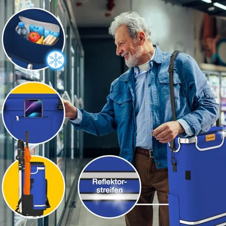 ELONEO Einkaufstrolley Treppensteiger, höhenverstellbar mit Kühlfach und abnehmbarer Tasche 56 L, faltbar, Blau – Bild 5