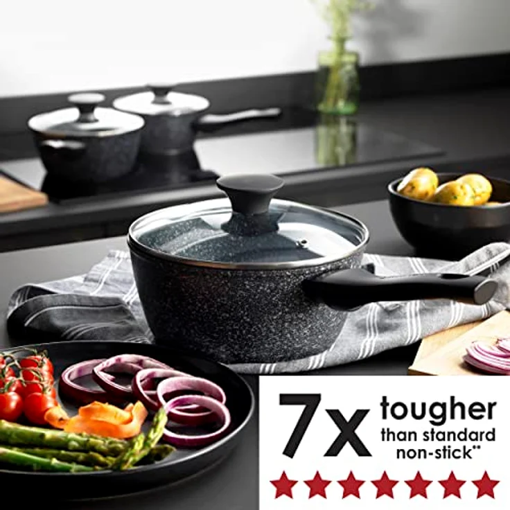 Salter BW05751S 3-teiliges Kochtopf-Set - Megastone Antihaft Topf-Set mit Hartglas Deckel und Dampfdüsen, 16cm/1.5L, 18cm/1.8L, 20cm/2.4L, Metallutensilien, induktions und Spülmaschinenfest, PFOA-frei – Bild 4