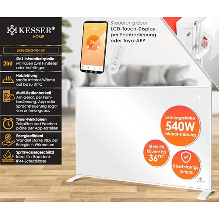 KESSER® Infrarotheizung Energiesparend Infrarot Standgerät & Wandmontage Elektroheizung 540W mit Fernbedienung Thermostat & App-Steuerung Elektrisch Heizpaneel Heizung Konvektor Standfüße – Bild 2