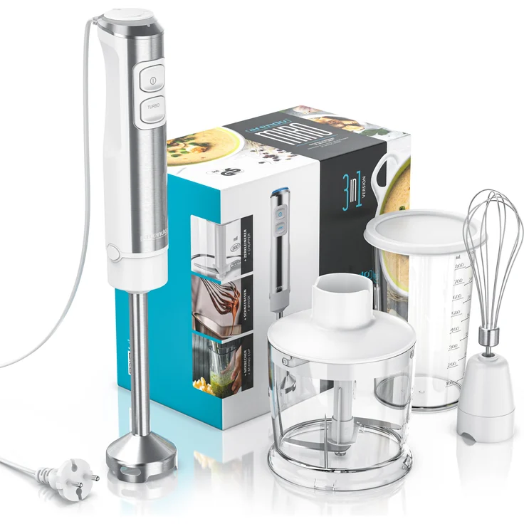 Arendo Stabmixer 1200W Weiß, Pürierstab Edelstahl Set inkl. Messbecher, Zerkleinerer, Schneebesen, DC Motor, Stabmixer, Weiss