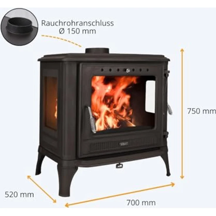365 Kaminofen Ferrox 75 Panorama Plus, Gusseisen mit 10,5 kW Nennwärmeleistung, schwarze Ausführung, verglaste Seitentür und zwei Luftregler – Bild 3