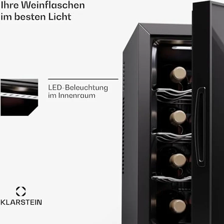 Klarstein Freistehender Weinkühlschrank 1 Zone, Getränkekühlschrank Klein, Kleiner Weinschrank, Wein-Kühlschrank Klein mit Glastür, Indoor/Outdoor Flaschenkühlschrank, Wine Fridge, 12 Flaschen – Bild 5