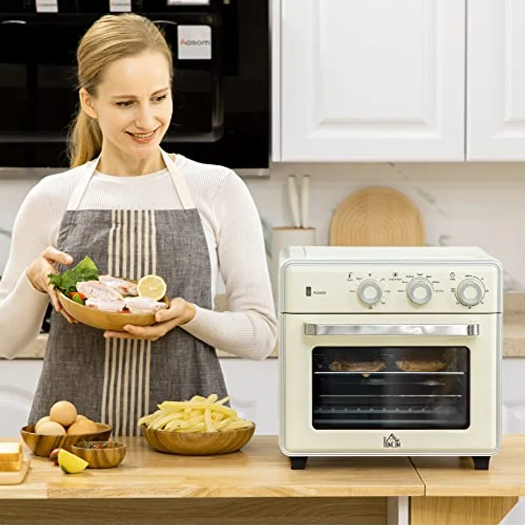 HOMCOM Minibackofen 20L, 5 in 1 Pizza-Ofen inkl. Backblech Set, Frittierkorb, Krümelblech, 1 Std. Timer, 90-230℃, 1400 W Elektrischer Mini Ofen mit Umluft, Cremeweiß – Bild 2