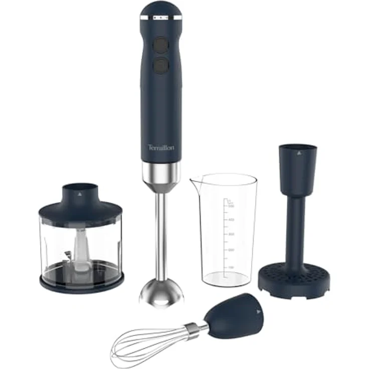 Terraillon New Moon Elektrischer Stabmixer, 1000 W, Edelstahlklingen, Turbo-Funktion, variable Geschwindigkeit, Messbecher, Schneebesen, Zerkleinerer 600 ml, Kartoffelpresse, lackiert – Bild 1