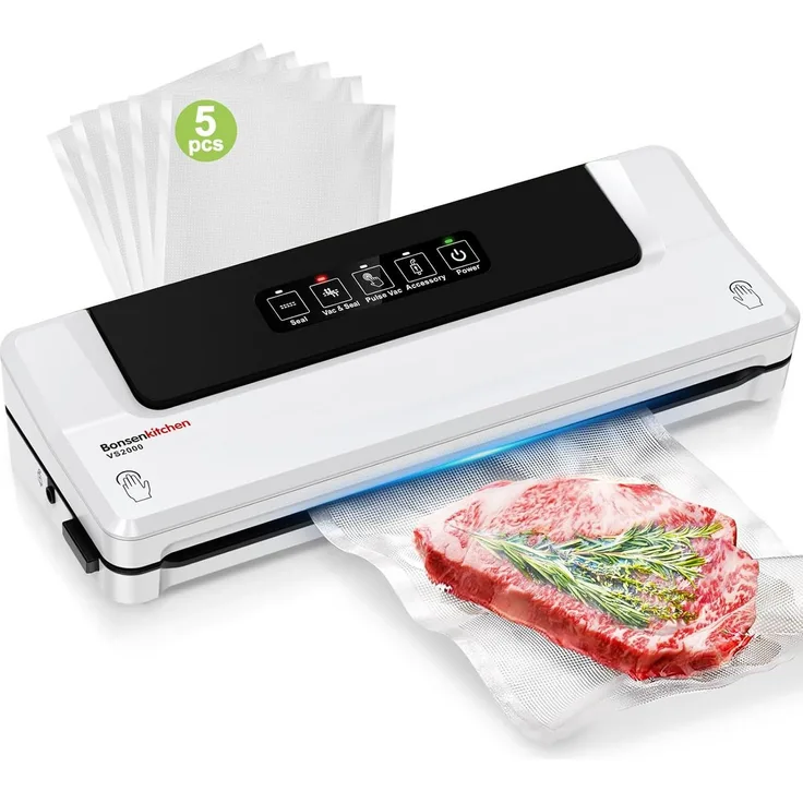 Bonsenkitchen Vakuumierer VS2000 2-in-1, Trocken- und Nassmodus mit Doppelversiegelung, inkl. 5 Beuteln und Absaugschlauch