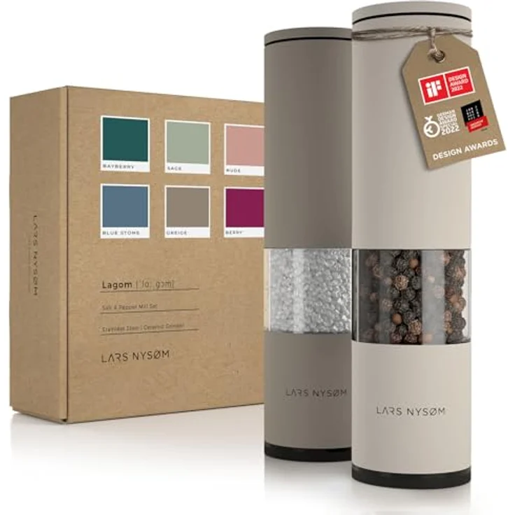 LARS NYSØM Salz und Pfeffer Mühle 2er Set Manuell mit einstellbarem Keramik-Mahlwerk von grob bis fein I Design Gewürzmühlenset (2 Stück) (Greige/Buttercream) – Bild 1