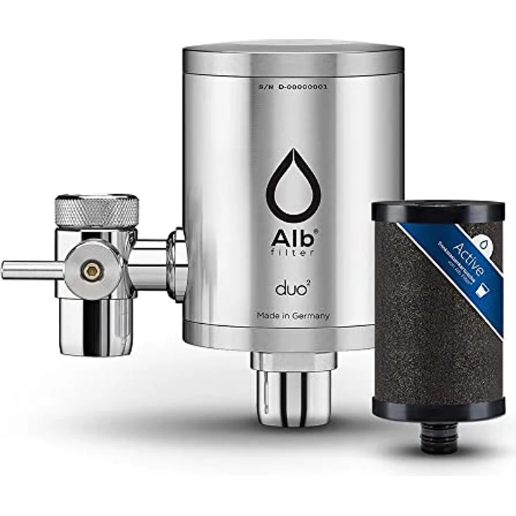 AlbFilter® Duo Active, Trinkwasserfilter für Wasserhahn mit Edelstahl-Gehäuse, reduziert Schadstoffe und verbessert Geschmack – Bild 1