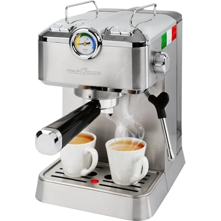 ProfiCook Espressomaschine PC ES 1267 | Profi-Espressopumpe 20 bar | für Kaffeepulver und Nespresso kompatible Kapseln | Siebträger | Edelstahldampfdüse | inkl. Zubehör, Silber