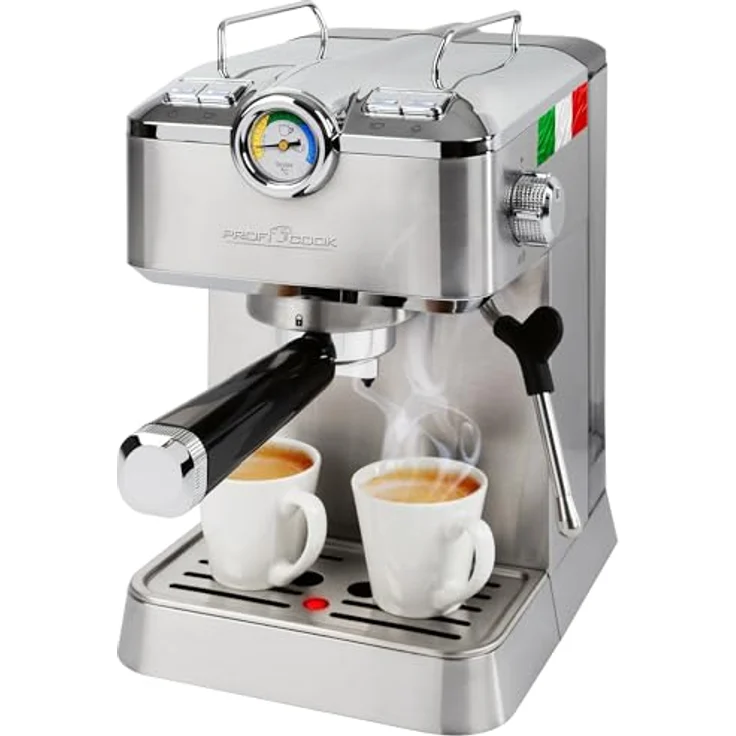 ProfiCook Espressomaschine PC ES 1267 | Profi-Espressopumpe 20 bar | für Kaffeepulver und Nespresso kompatible Kapseln | Siebträger | Edelstahldampfdüse | inkl. Zubehör, Silber – Bild 1