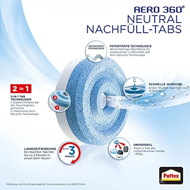 Pattex AERO 360° Neutral Tabs Nachfüllpack, reduzieren Feuchtigkeit und schlechte Gerüche, Nachfülltabs für den Luftentfeuchter AERO 360°, 2er-Pack (2x450g) – Bild 3
