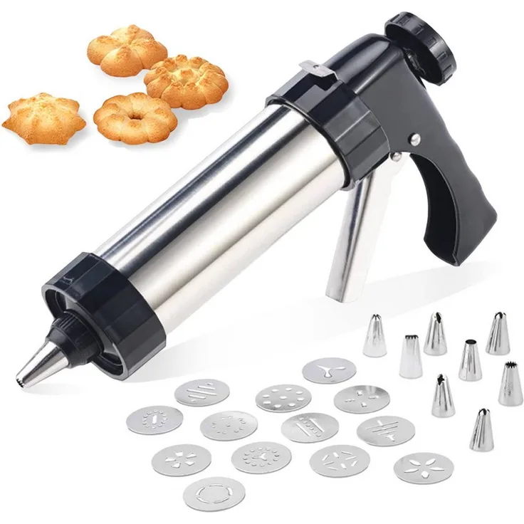 FOUORTUNATE-BEE Edelstahl-Gebäckpresse 21-teiliges Set mit 13 Formscheiben und 8 Spritztüllen, ergonomisches Design, spülmaschinenfest