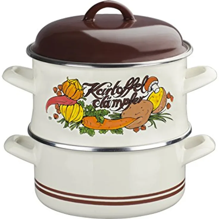 GSW 565059 EMAILLIERTER Kartoffeldämpfer mit Deckel 18cm, beige mit Dekoration, 3-Einheiten - ideal für Allergiker, für alle Herdarten geeignet