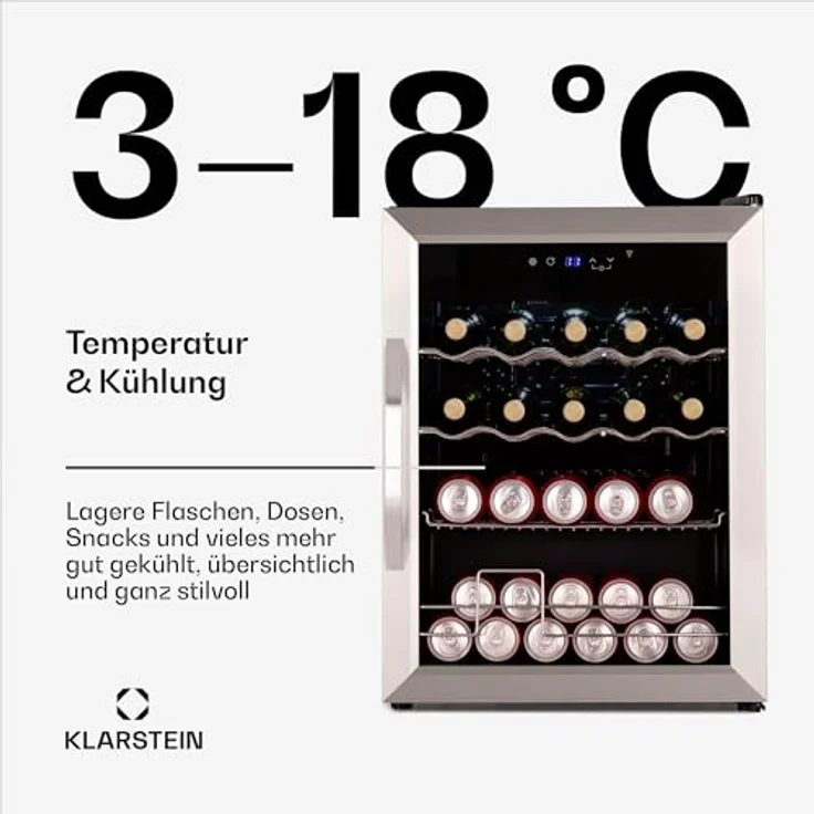 Klarstein Coachella 65 Getränkekühlschrank, 60 L, WLAN-fähig, LED-Beleuchtung, Edelstahl, Flüsterleise, 3-18 °C, Herausnehmbare Böden, Glastür – Bild 4