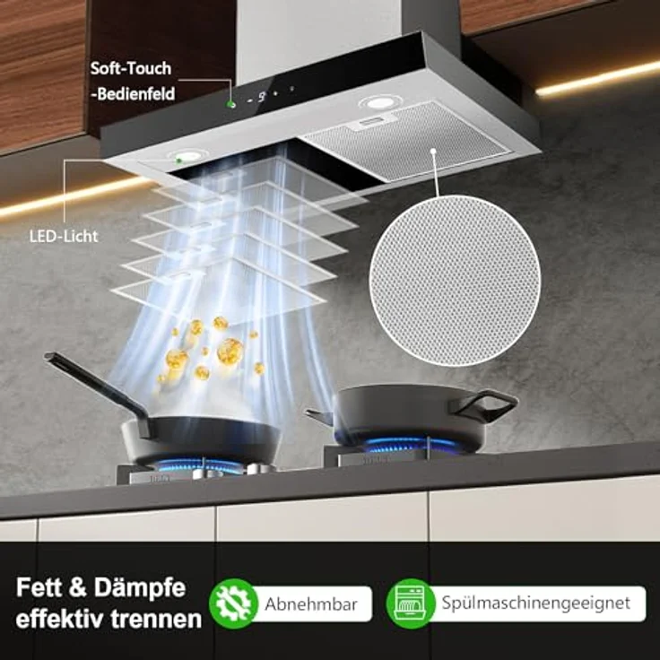 TopStrong Dunstabzugshaube 60cm, Edelstahl, 700 m³/h, 9 Stufen Soft Touch Steuerung, 2W LED-Licht, Umluft/Abluft – Bild 4