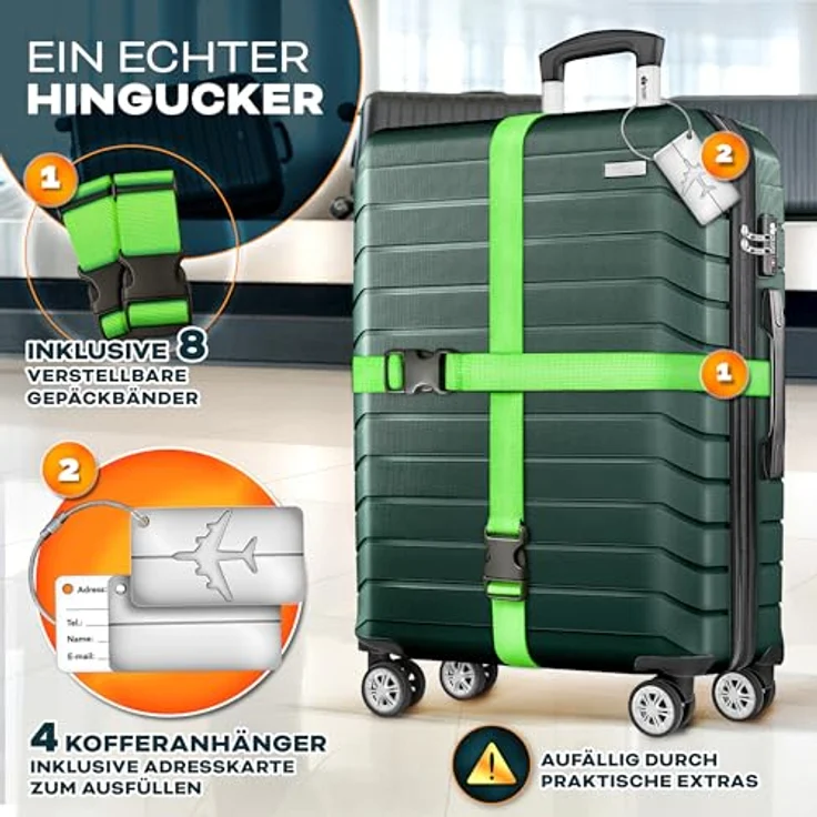 tillvex® Reisekoffer Set 4-TLG. Hartschalenkoffer mit 4 Rollen, TSA Schloss, inklusive Gepäckwaage, 8 Koffergurte & 4 Kofferanhänger, Armeegrün, Größen S-M-L-XL – Bild 2