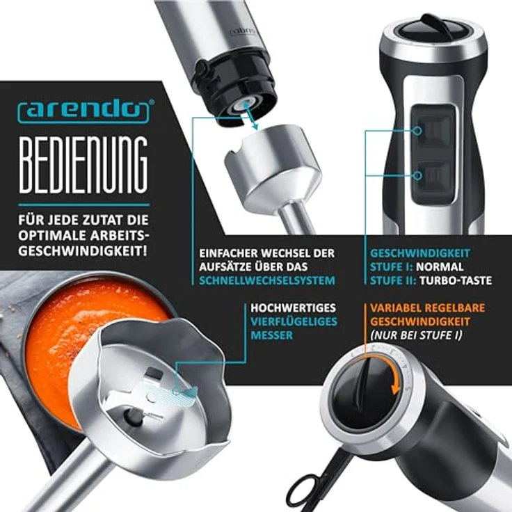 Arendo Stabmixer 1000 Watt Edelstahl - vierflügeliges Messer - Pürierstab - stufenlose Geschwindigkeitsregelung - Turbotaste - abnehmbarer Mixfuß - GS-zertifiziert – Bild 4