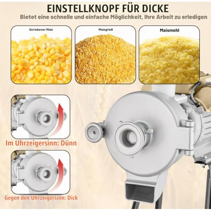 VEVOR Getreidemühle Gewürzmühle 3 kW, kommerzielle Maismühle mit Trichter, einstellbare Mahlstärke, Hochleistungs-Trocken- und Nassmühle, 50 kg/h – Bild 5