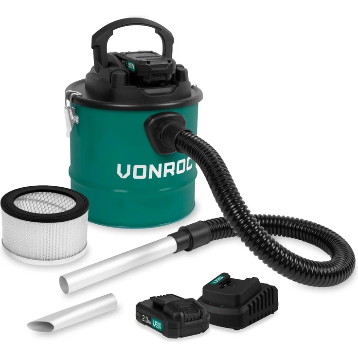 VONROC Aschesauger VPower 20V, 12L Tank mit HEPA Filter, inkl. 2x 2.0Ah Akku, kabellos