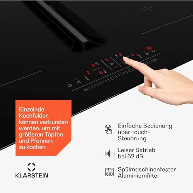 Klarstein AirJet 72, Induktions-Kochfeld mit Dunstabzug, 4 Zonen, Touch-Panel, schwarz – Bild 6