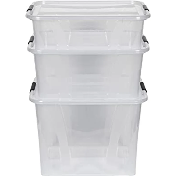 Kreher 3 Stück Aufbewahrungsbox Master mit Deckel aus transparentem Kunststoff. Nutzvolumen 21, 32 und 55 Liter. Stapelbar und nestbar. Einsehbar mit Deckel. – Bild 2
