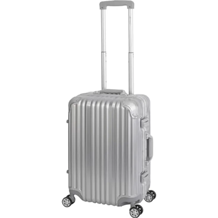 Travelhouse London Koffer Handgepäck · Silber · Alu-Rahmen · Hartschalen in Polycarbonat · 4 Rollen · 2X TSA Zahlenschloss · 55x37x23cm · 47L
