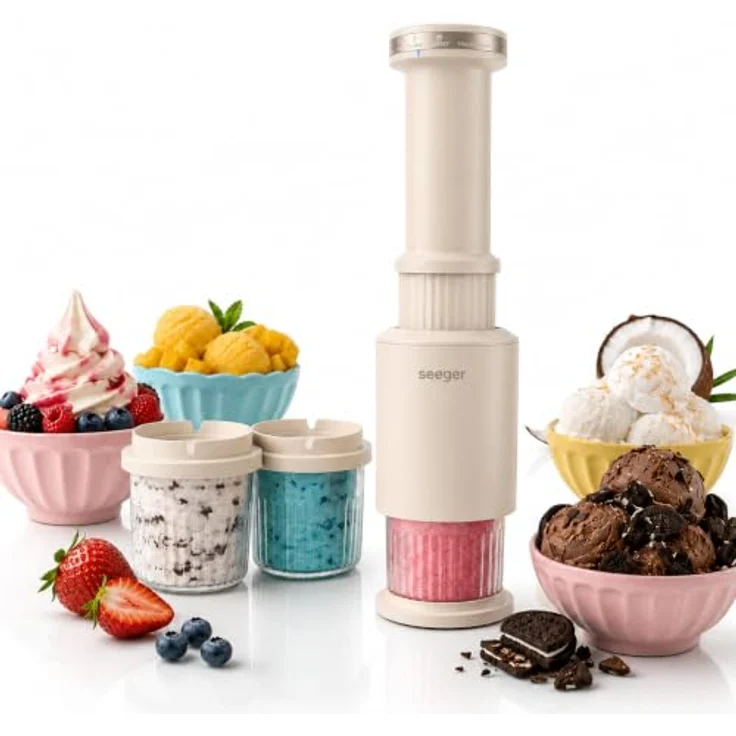 Seeger CompactCream 5-in-1 Eismaschine mit 3 stapelbaren Dessertbechern, für Eiscreme, Gelato, Sorbet, Slush und Frozen Drinks, 3 x 350 ml Becher – Bild 1