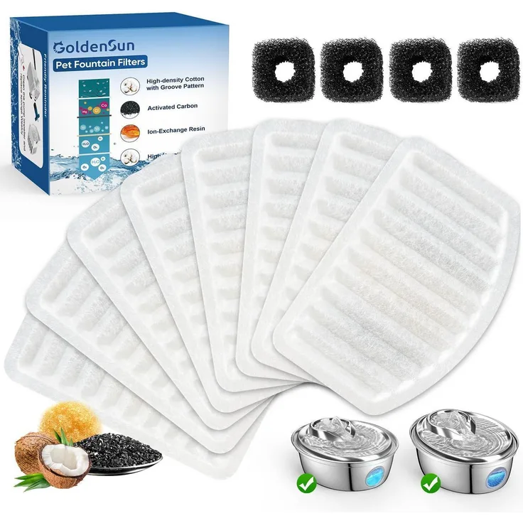 GOLDENSUN Katzenbrunnenfilter Kohleharz 8 Filter + 4 Schwämme für D36/D66, hochwertige Wasserfilter mit Geschmacksmuster-Patent, wöchentlich austauschbar