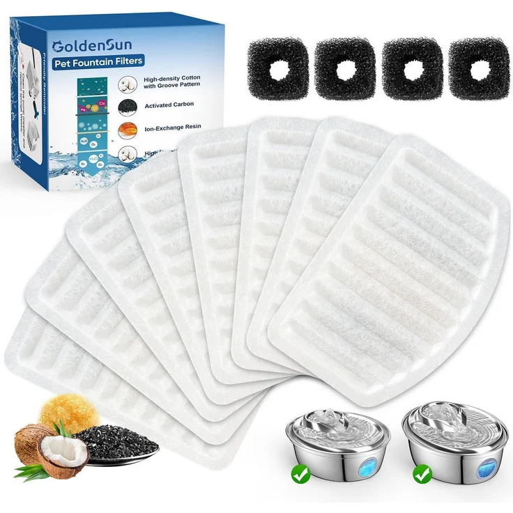GOLDENSUN Katzenbrunnenfilter Kohleharz 8 Filter + 4 Schwämme für D36/D66, hochwertige Wasserfilter mit Geschmacksmuster-Patent, wöchentlich austauschbar